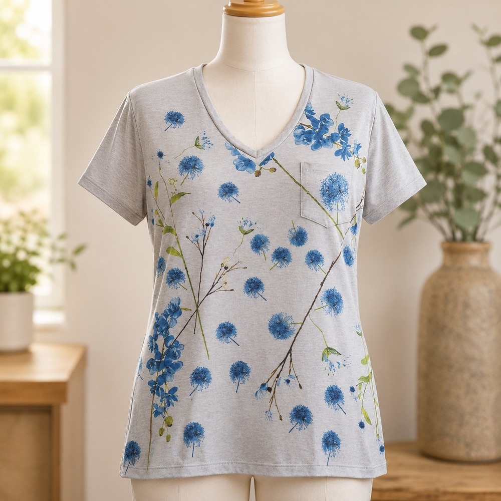 NWT Go Couture T-Shirt Womens Large Grey Blue Cornflower Floral V-Neck Pocket
